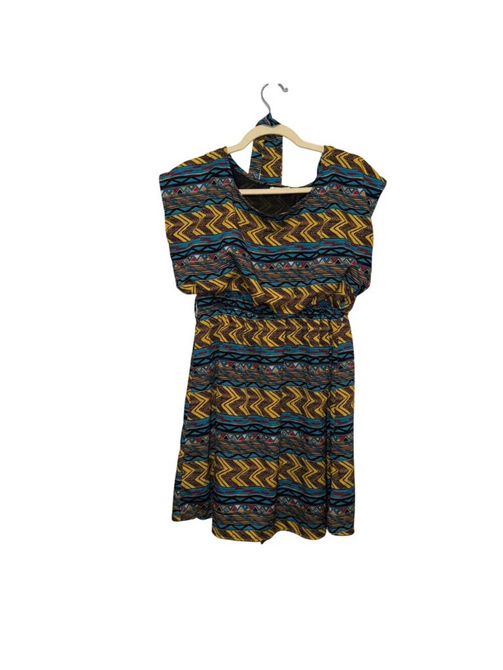 Colorful Tribal Print Short-Sleeve Dress Elastic Waist Lined Large Belt